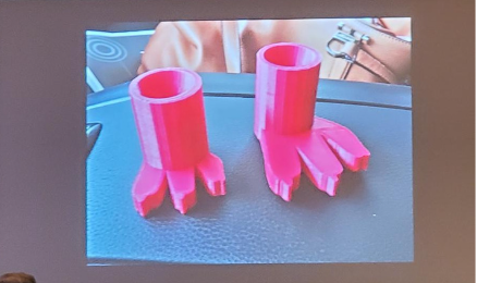 A pair of plastic chicken feet that students made with a 3d printer for a chicken with an injured foot.