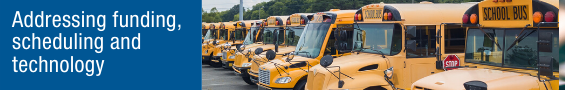 Picture of school buses with caption Addressing logistics and economic concerns