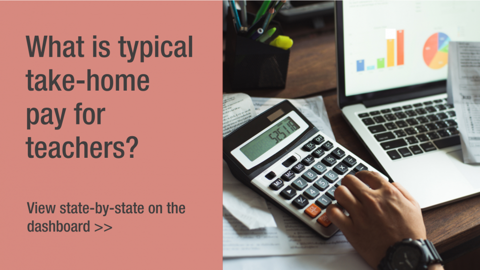 Graphic with text: what is typical take-home pay for teahers?  View state-by-state data on the dashboard.