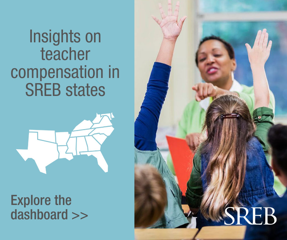 Middle school students raising their hand as a teacher points to call on one.  Text reads: How are teachers compensated in your state?