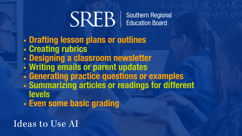 Ideas to use AI: Drafting lesson plans or outlines Creating rubrics Designing a classroom newsletter Writing emails or parent updates Generating practice questions or examples Summarizing articles or readings for different levels Even some basic grading