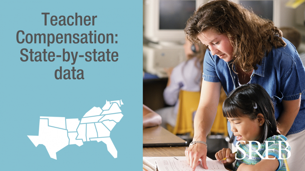 Photo of teacher leaning over a child pointing at a paper.  Text reads Teacher Compensation: State-by-state data