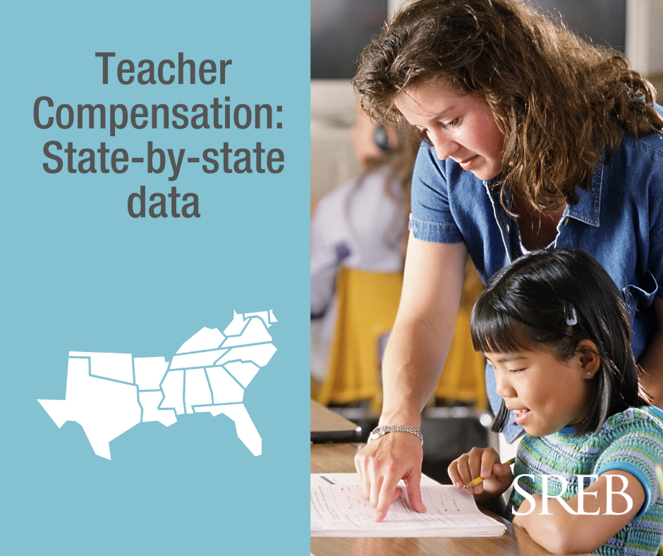 Photo of teacher leaning over a child pointing at a paper.  Text reads Teacher Compensation: State-by-state data