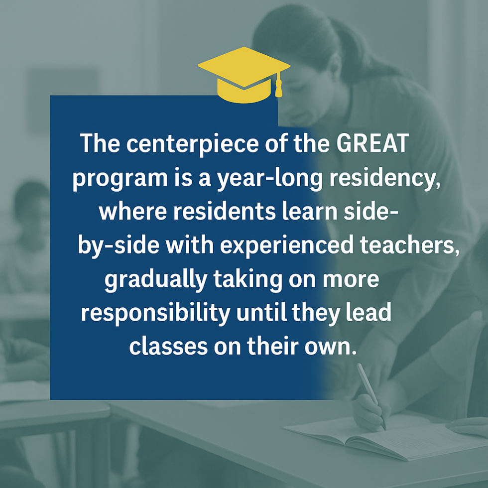 Quote image: The centerpiece of the program is a year-long residency, where the resident is paired with an experienced and successful partner teacher to learn at their side, elbow-to-elbow, throughout an entire school year, beginning with the teachers and students coming back to school in the fall. 