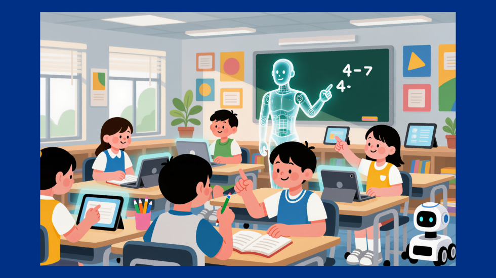 A carton picture of a futuristic classroom with robots and androids