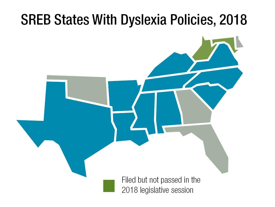 A map showing which states in the SREB region had dyslexia policies in 2018
