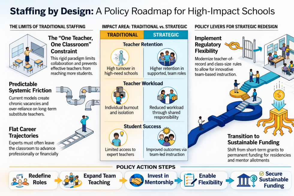 Infographic titled Staffing by Design: A Policy Roadmap for High-Impact Schools showing policy action steps - redefine roles, team teaching, mentorship, flexibility, sustainable funding