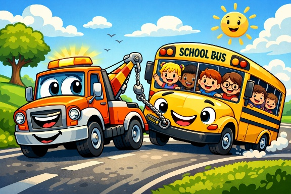 Tow truck towing a school bus full of children