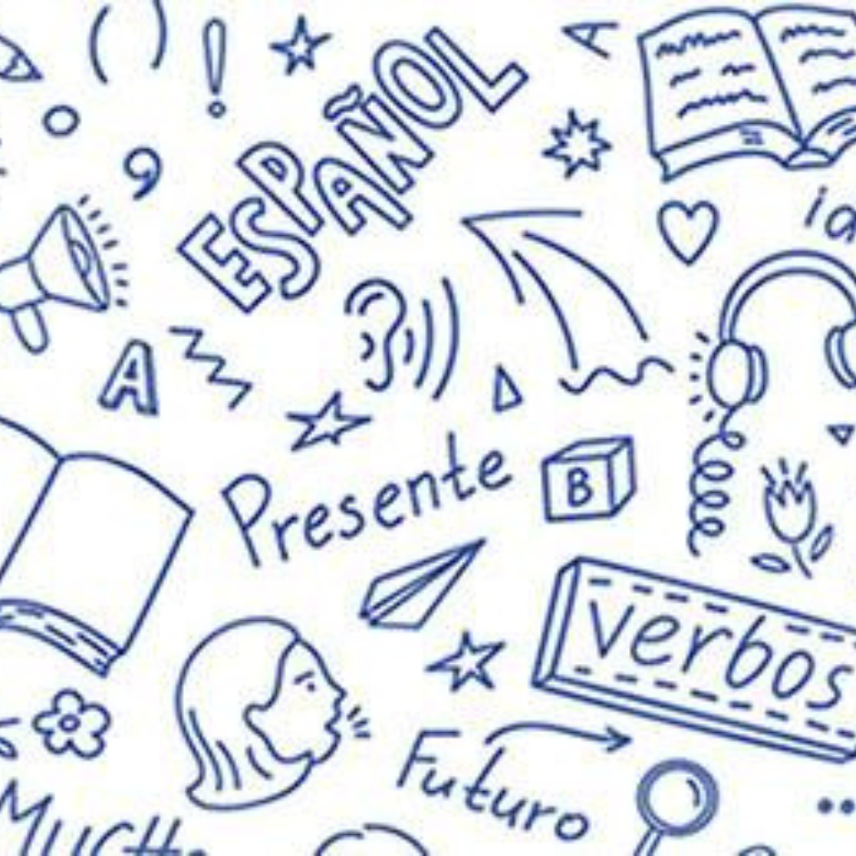 graphic with Spanish words and school objects such as books and pencils