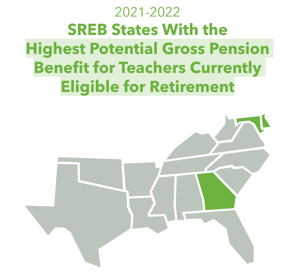 A map showing Delaware, Georgia, Maryland, and Kentucky had the highest potential gross pension benefit for teachers currently eligible for retirement in 2020-2021.