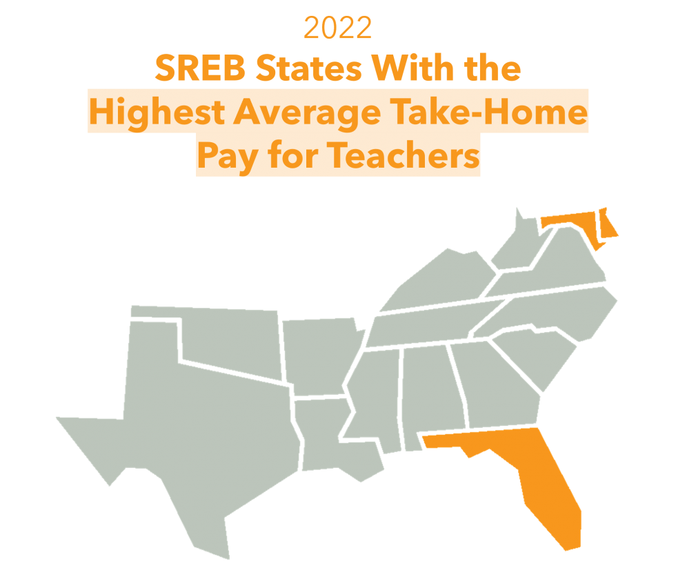 A map showing Delaware, Maryland, and Florida had the highest average take-home pay for teachers in 2021.