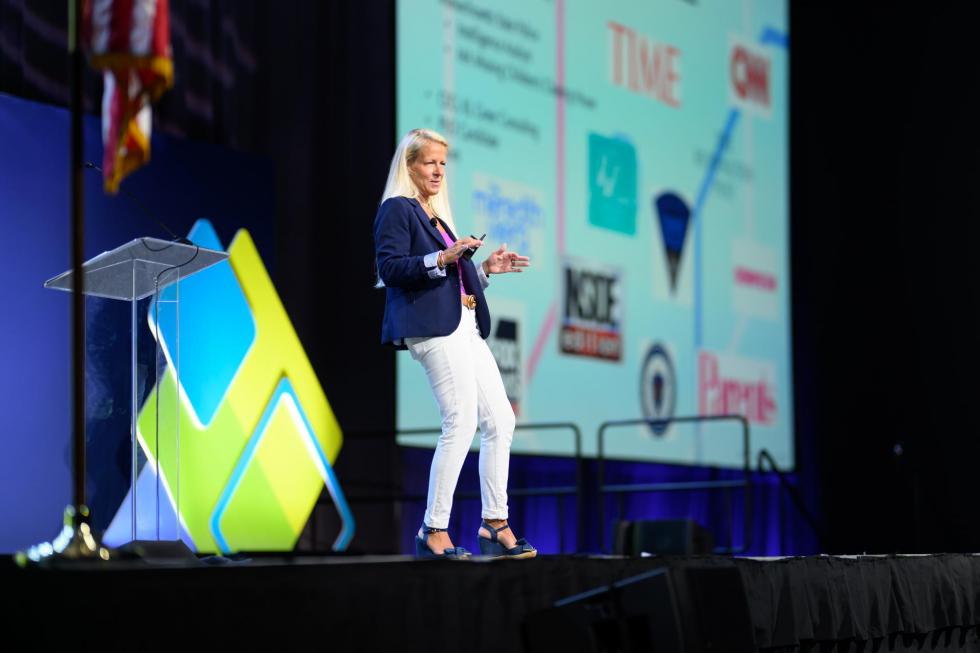 Katie Greer talks during her keynote address