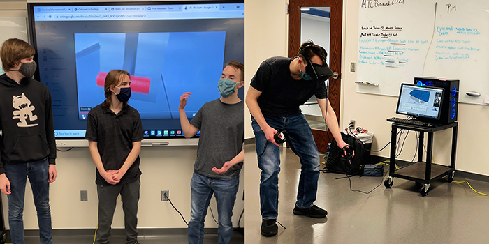 Image left: Kurt Sewell, Collin Bovenschen and Brendan Bovenschen were finalists for their Simulated Gravity AR/VR project. Image right: Brendan Bovenschen demonstrates their virtual environment.
