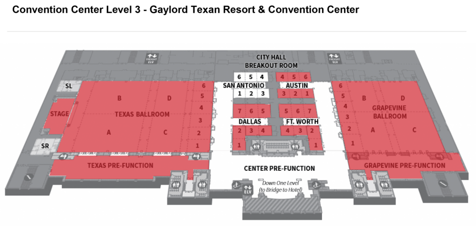 Convention Center Level 3: Registration, Texas Ballroom (General Sessions), City Hall Rooms, Grapevine Ballroom (Exhibit Hall/Education Marketplace)