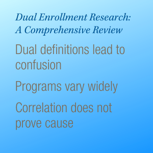Dual Enrollment Research: A Comprehensive Review. Dual definitions lead to confusion. Programs vary widely. Correlation does not prove cause.