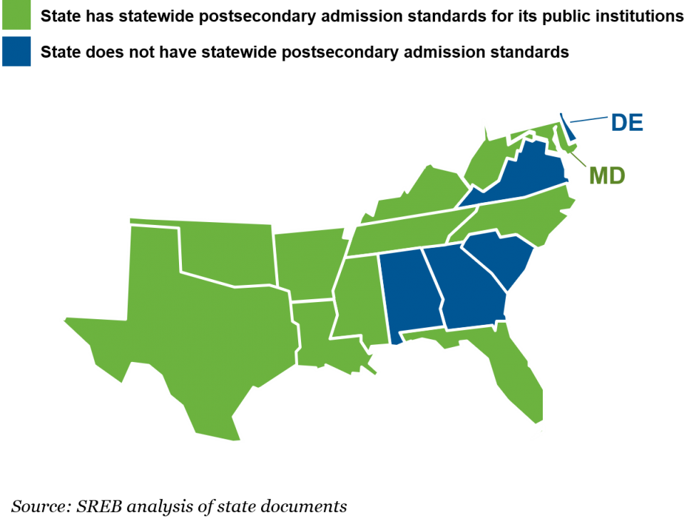 Map of the SREB Region: Alabama, Georgia, South Carolina, Virginia and Delaware do not have statewide postsecondary admissions standard. All other SREB states do.