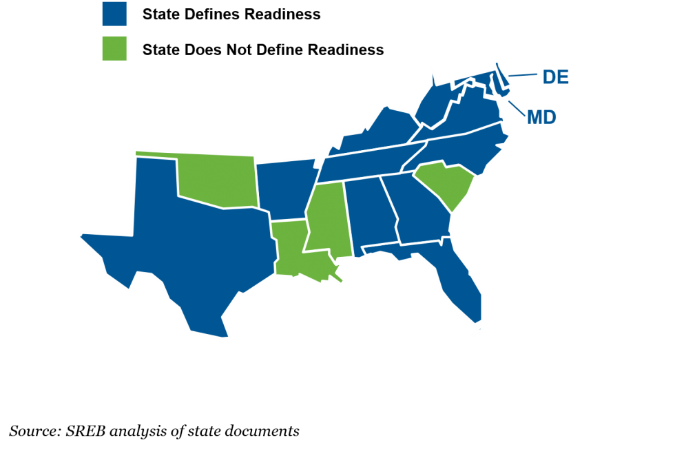 This is a map showing which SREB states define college and career readiness. Louisiana, Mississippi, and South Carolina do not define college and career readiness at the state level. All other SREB states have a statewide definition.