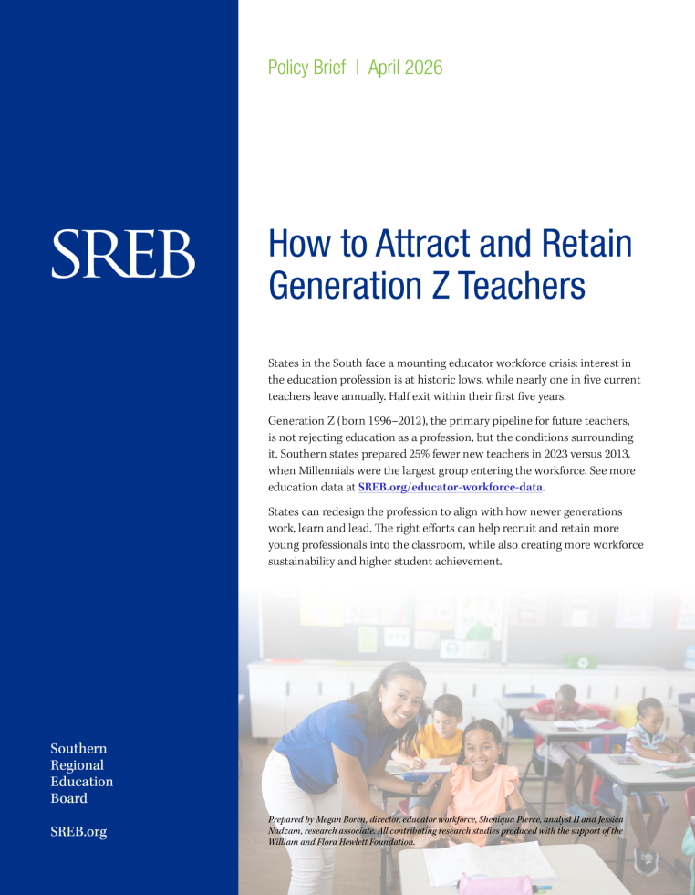 Policy brief cover titled 'How to Attract and Retain Generation Z Teachers' by SREB. Features an image of a smiling teacher with diverse students in a classroom.