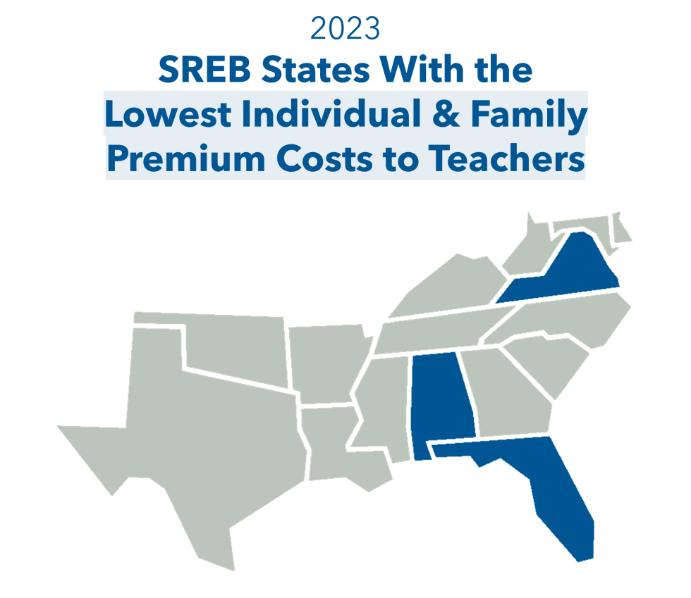 A map showing Virginia, Alabama, and Florida had the lowest individual and family premium costs to teachers in 2023.