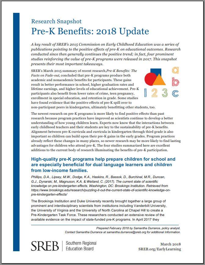 Research Snapshot | Pre-K Benefits: 2018 Update