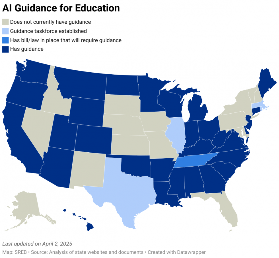 AI Guidance for Education. Map of US showing which states have policy. Please contact SREB for details.