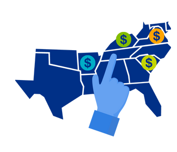 A hand pointing to a map of the South with dollar signs.