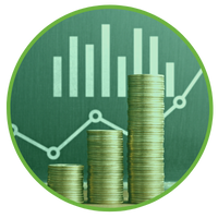 Stacks of coins in front of a bar graph and a line graph