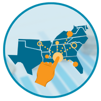 A map of Southern states with a hand pointing. Dotted lines and circles convey that the hand is interacting with the map.